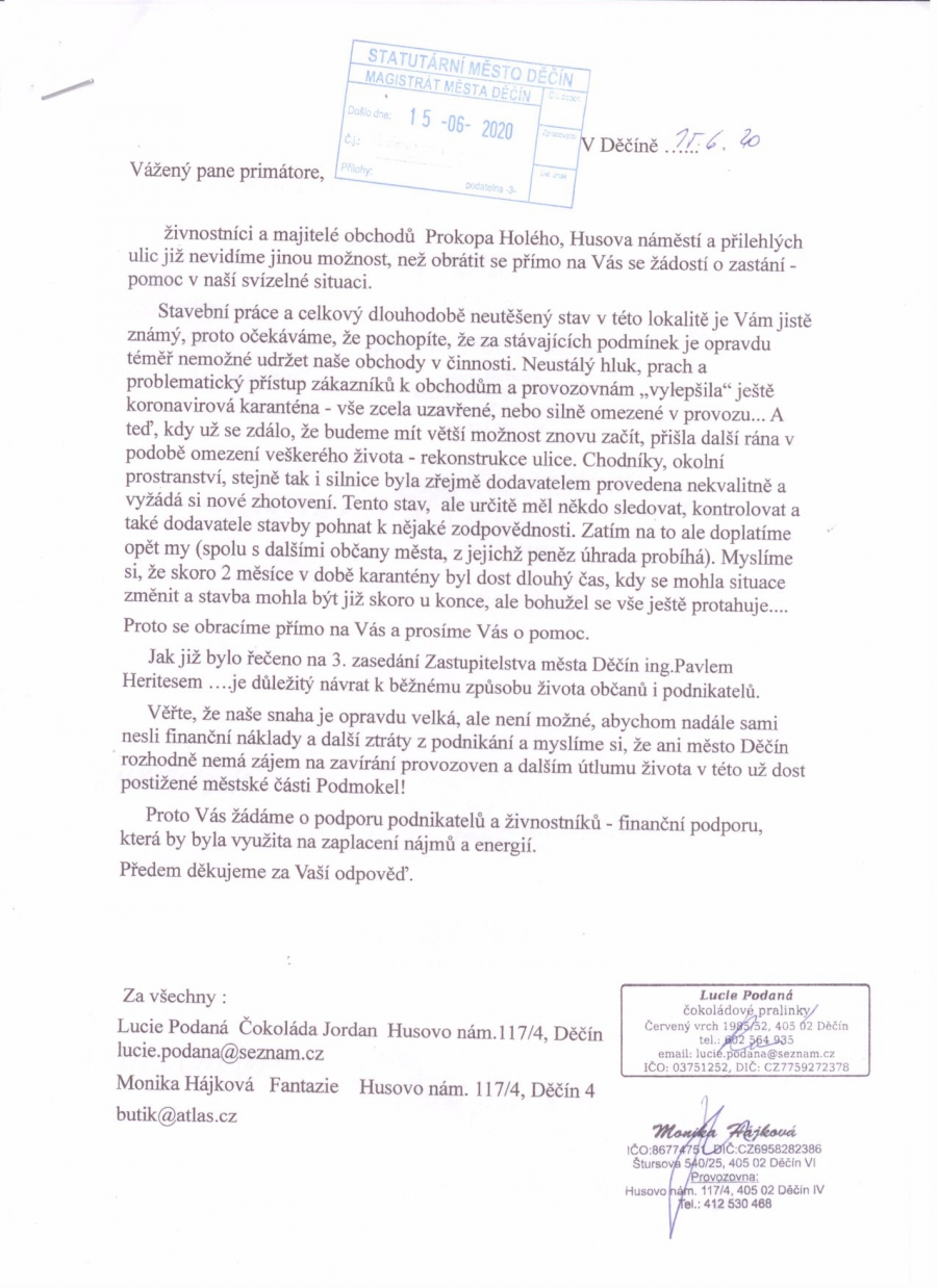 Vyzýváme pana Primátora k činnosti a pomoci podnikatelům v Podmoklech